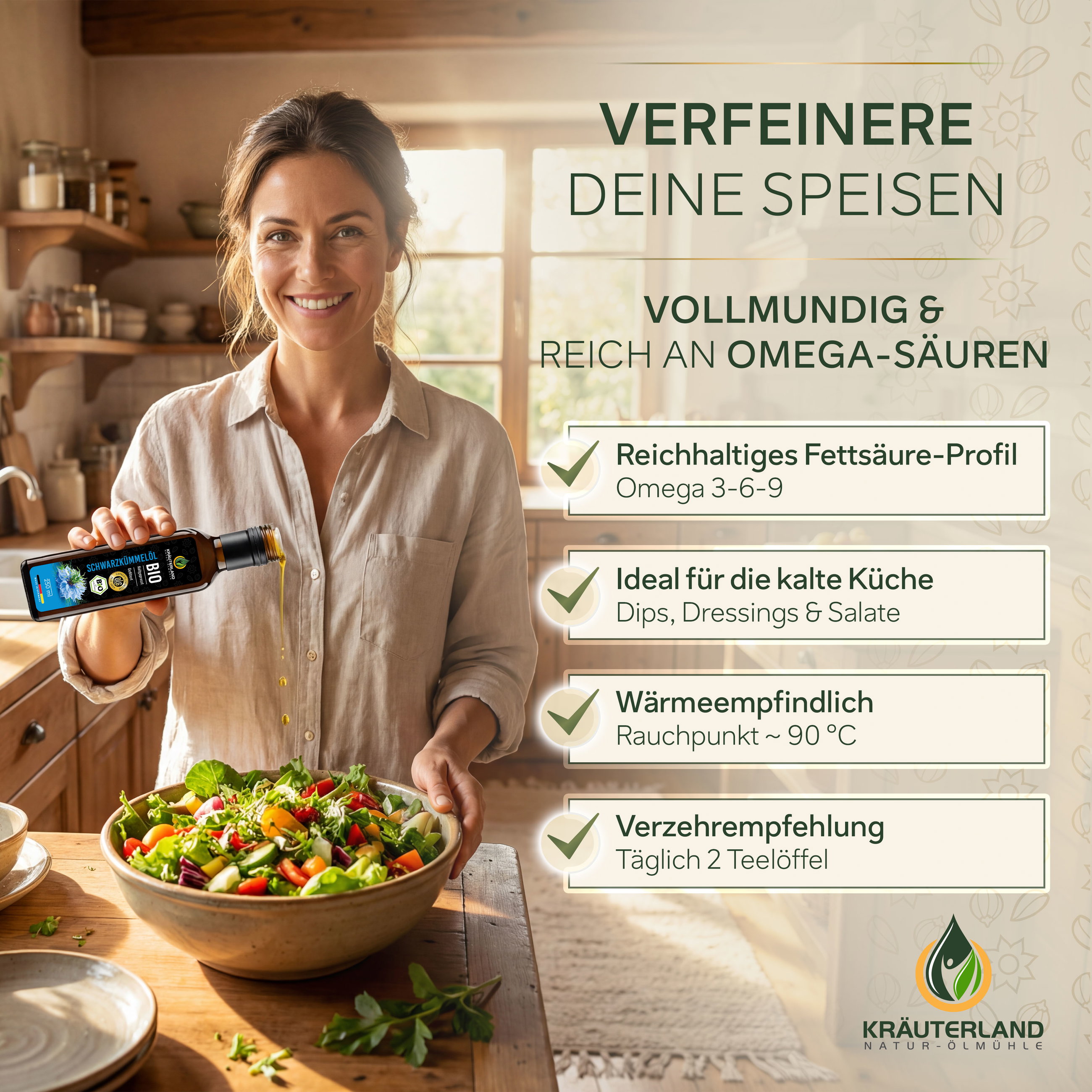 Kräuterland Bio Schwarzkümmelöl gefiltert 250 ml zum Verfeinern von Speisen, ideal für Dressings, Dips und Salate