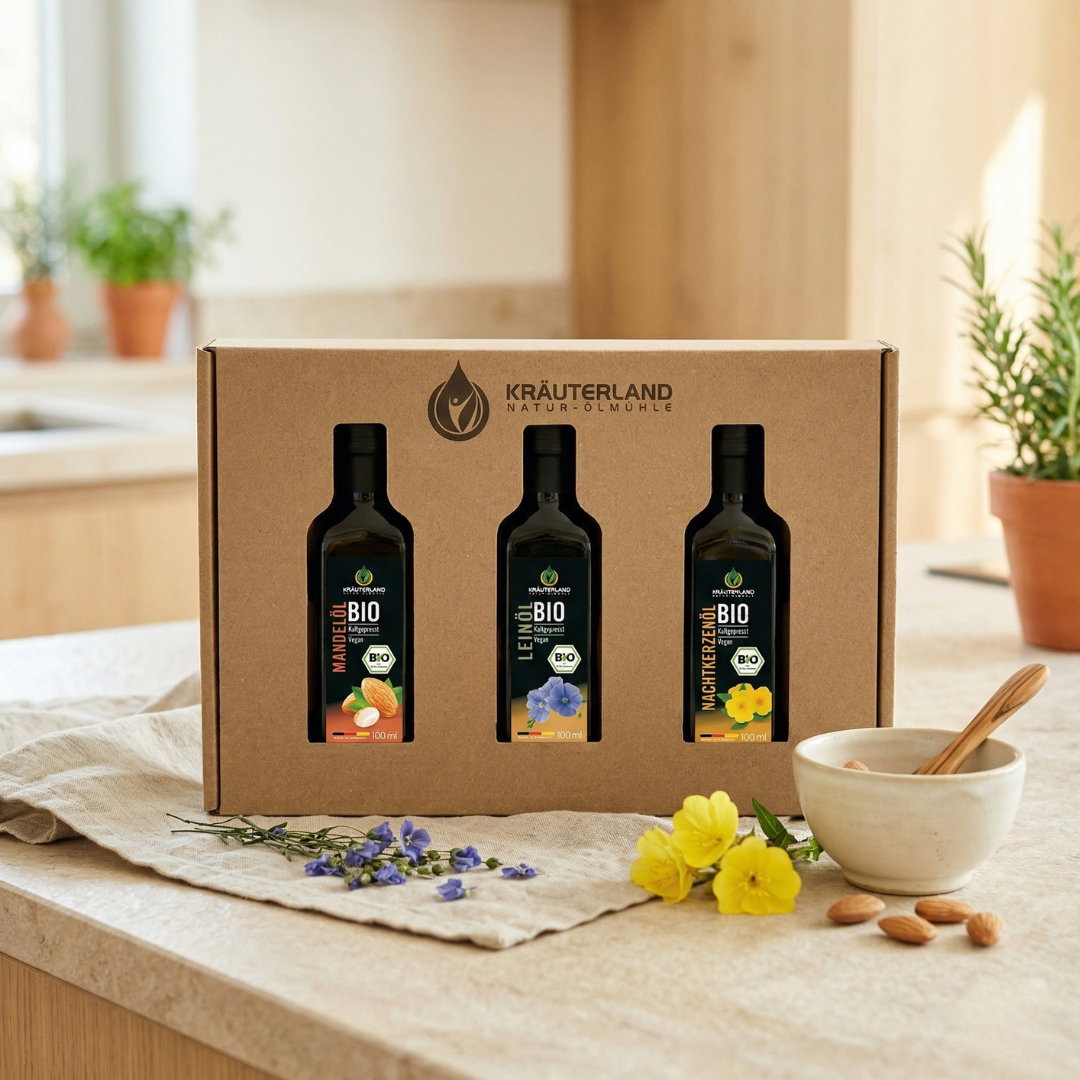 Bio Wohlfühlöl Set 100 ml – Geschenkbox mit 3 Ölen | Kräuterland Bio Wohlfühlöl Set 100 ml – Mandelöl, Leinöl und Nachtkerzenöl in Geschenkbox mit Sichtfenster