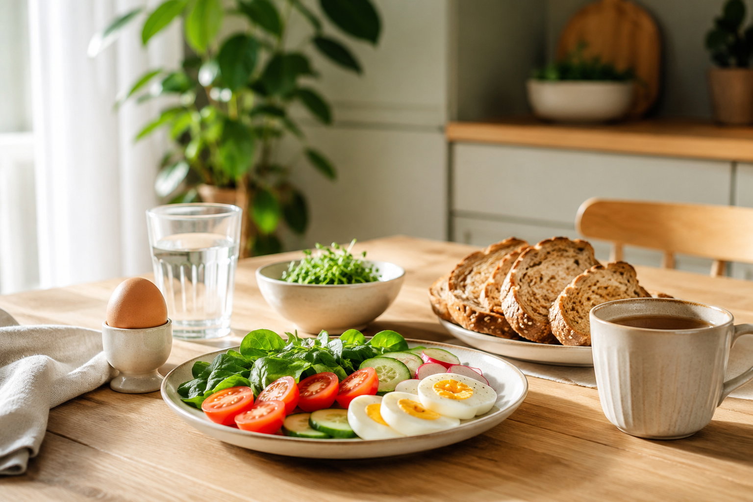 Frühstück mit Vollkornbrot, Ei und frischem Gemüse