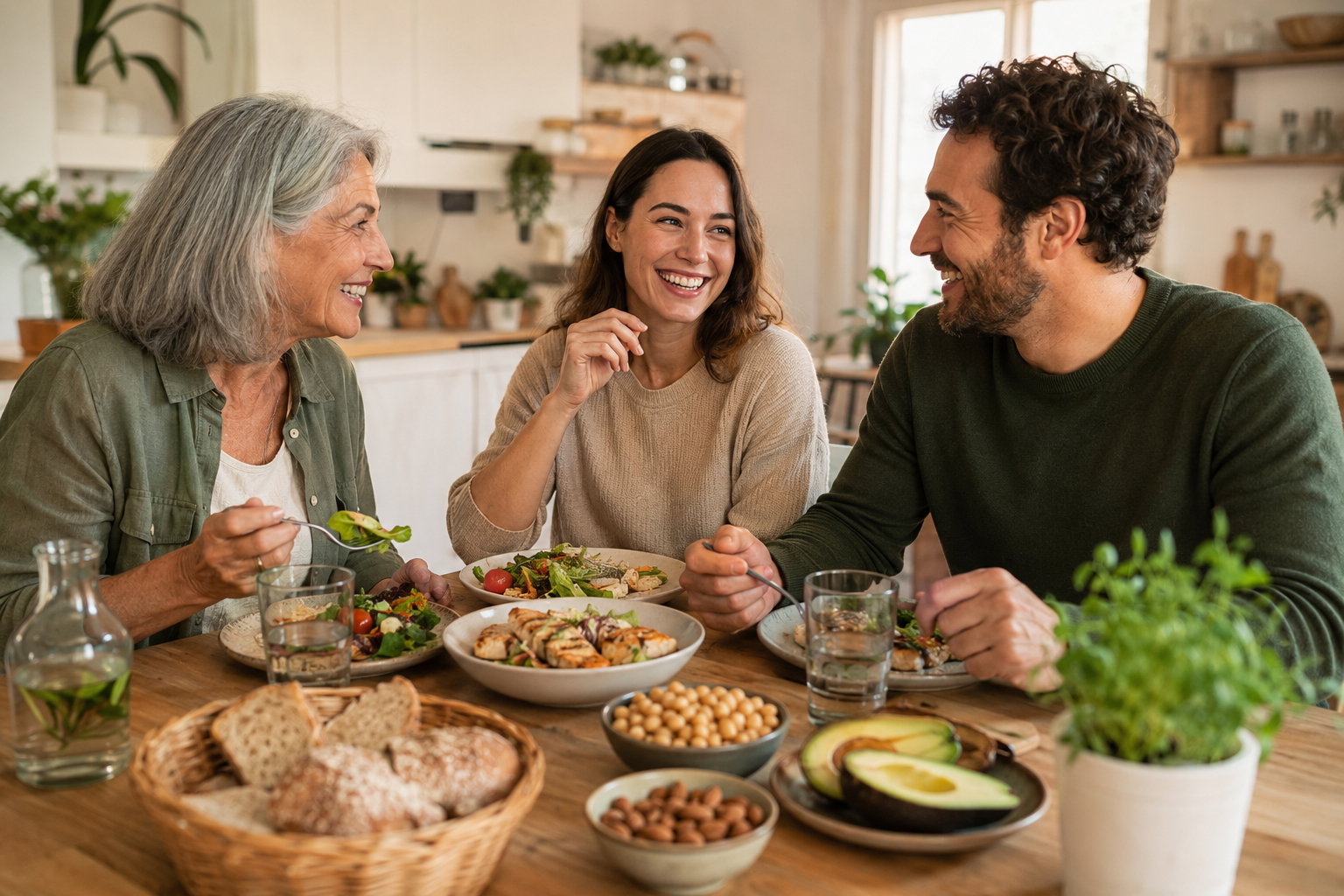 Pantothensäure und Vitamin B5 im Ernährungsalltag Familie beim gemeinsamen Essen mit Hähnchen, Kichererbsen, Avocado, Mandeln, Salat und Brot als Beispiele für pantothensäurehaltige Lebensmittel