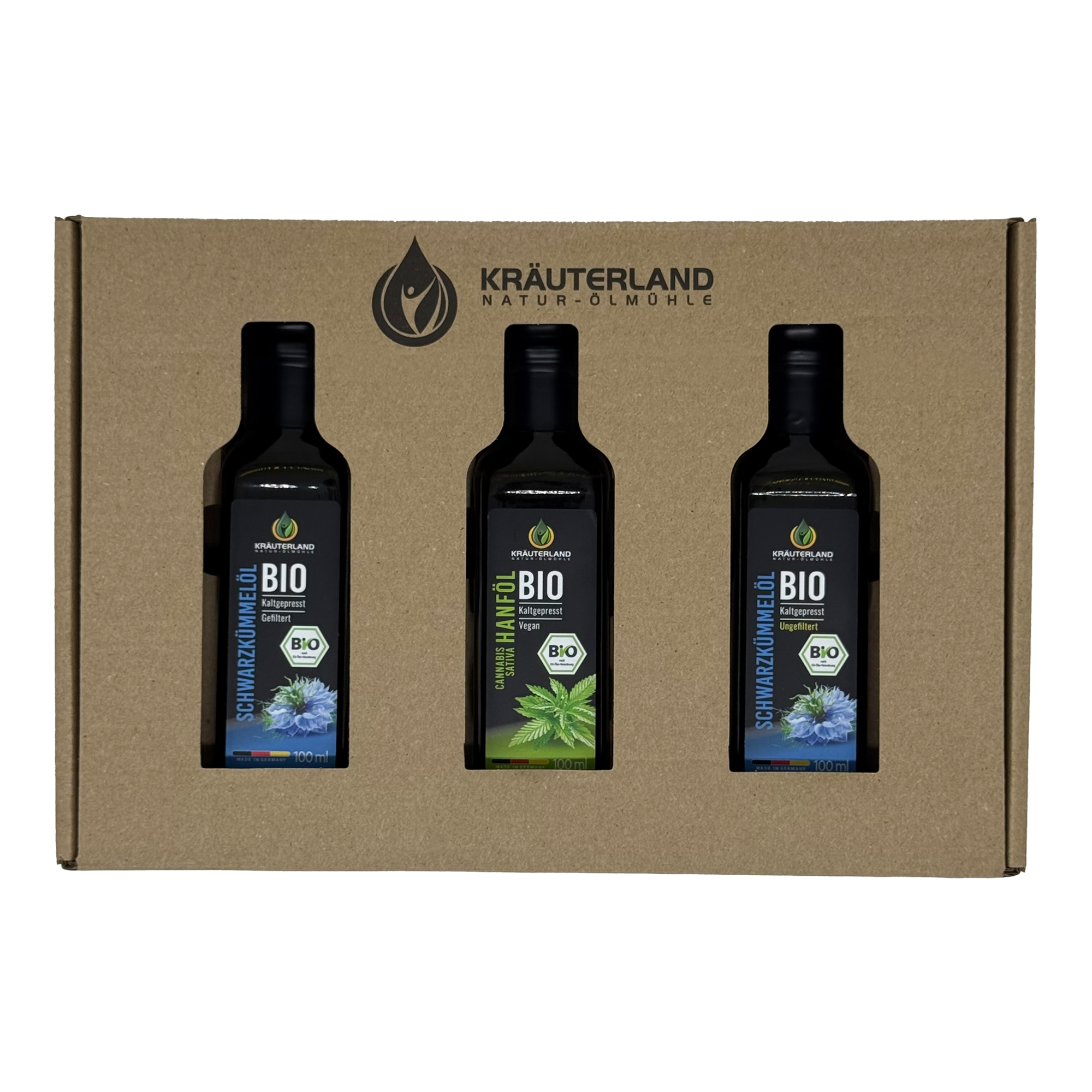 Bio Speiseöl Set 100 ml – Kräuterland Geschenkset mit Schwarzkümmelöl und Hanföl Vorderansicht