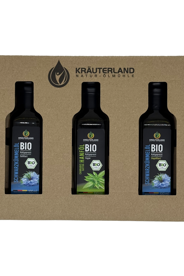 Bio Speiseöl Set 100 ml – Kräuterland Geschenkset mit Schwarzkümmelöl und Hanföl Vorderansicht