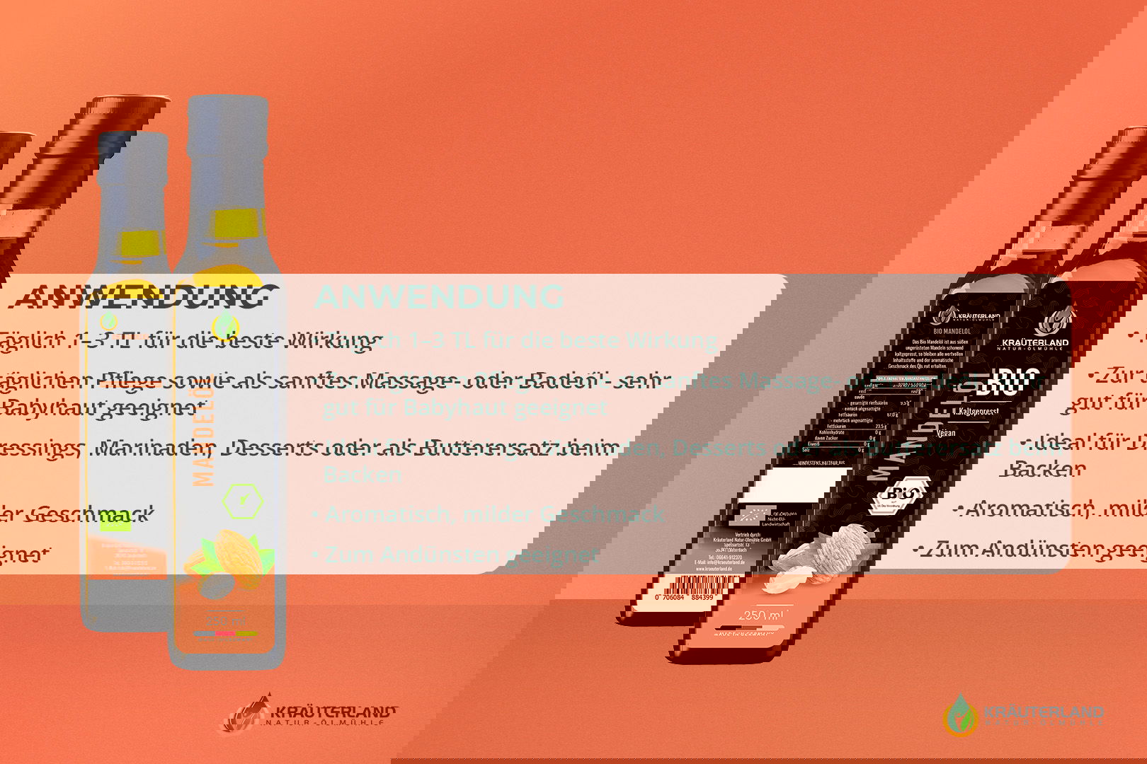 Anwendungstipps für Kräuterland Bio Mandelöl – zur Pflege von Haut und Haar sowie für Desserts und Dressings