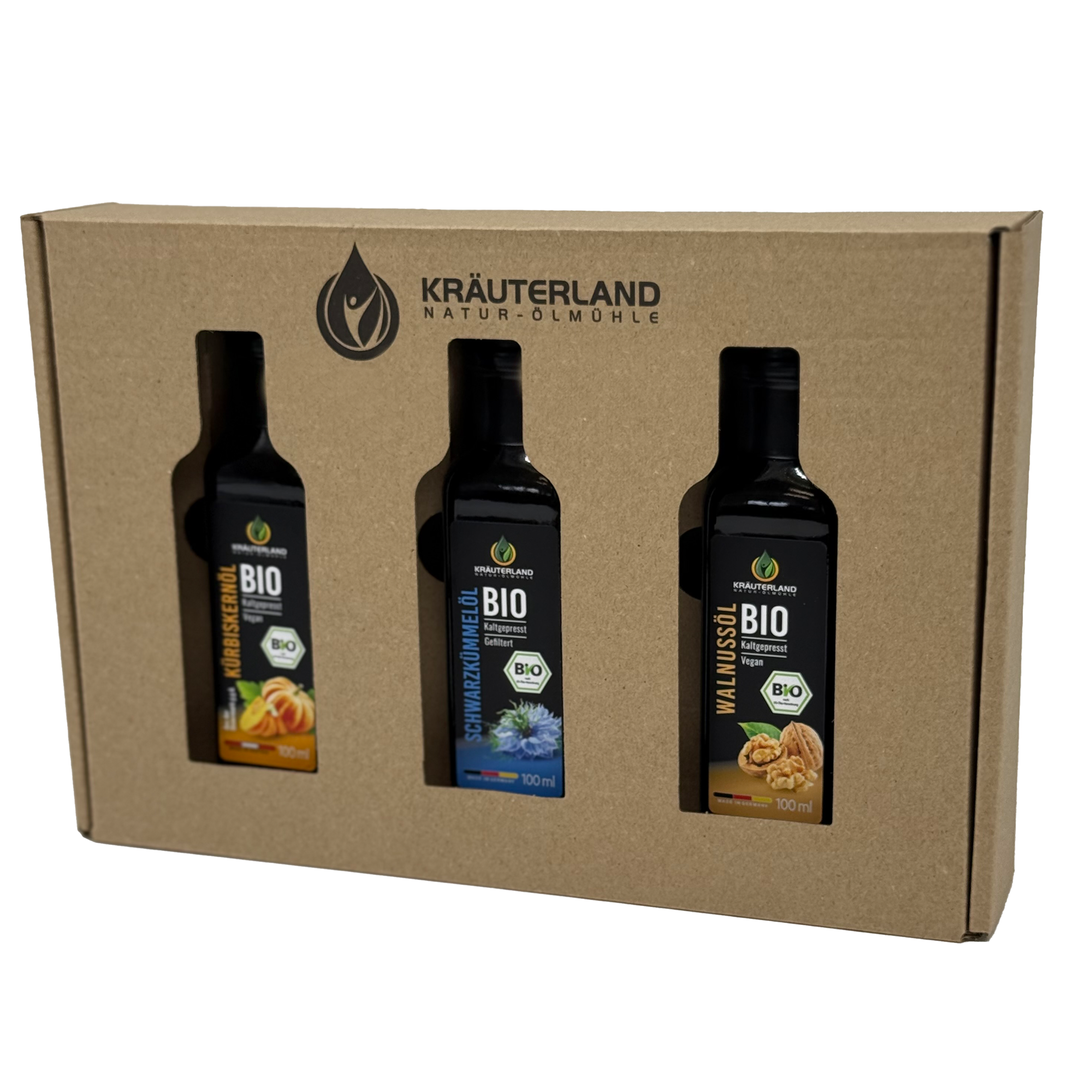 Bio Gourmet Speiseöl Set 100 ml – Kürbiskernöl, Schwarzkümmelöl und Walnussöl in Geschenkbox mit Sichtfenster
