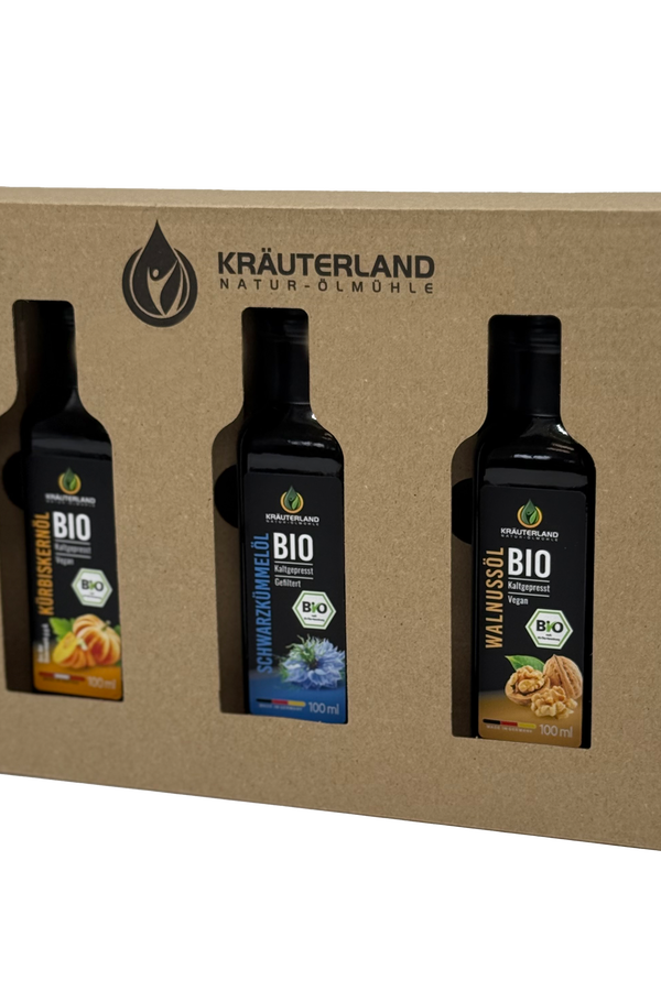 Bio Gourmet Speiseöl Set 100 ml – Kürbiskernöl, Schwarzkümmelöl und Walnussöl in Geschenkbox mit Sichtfenster