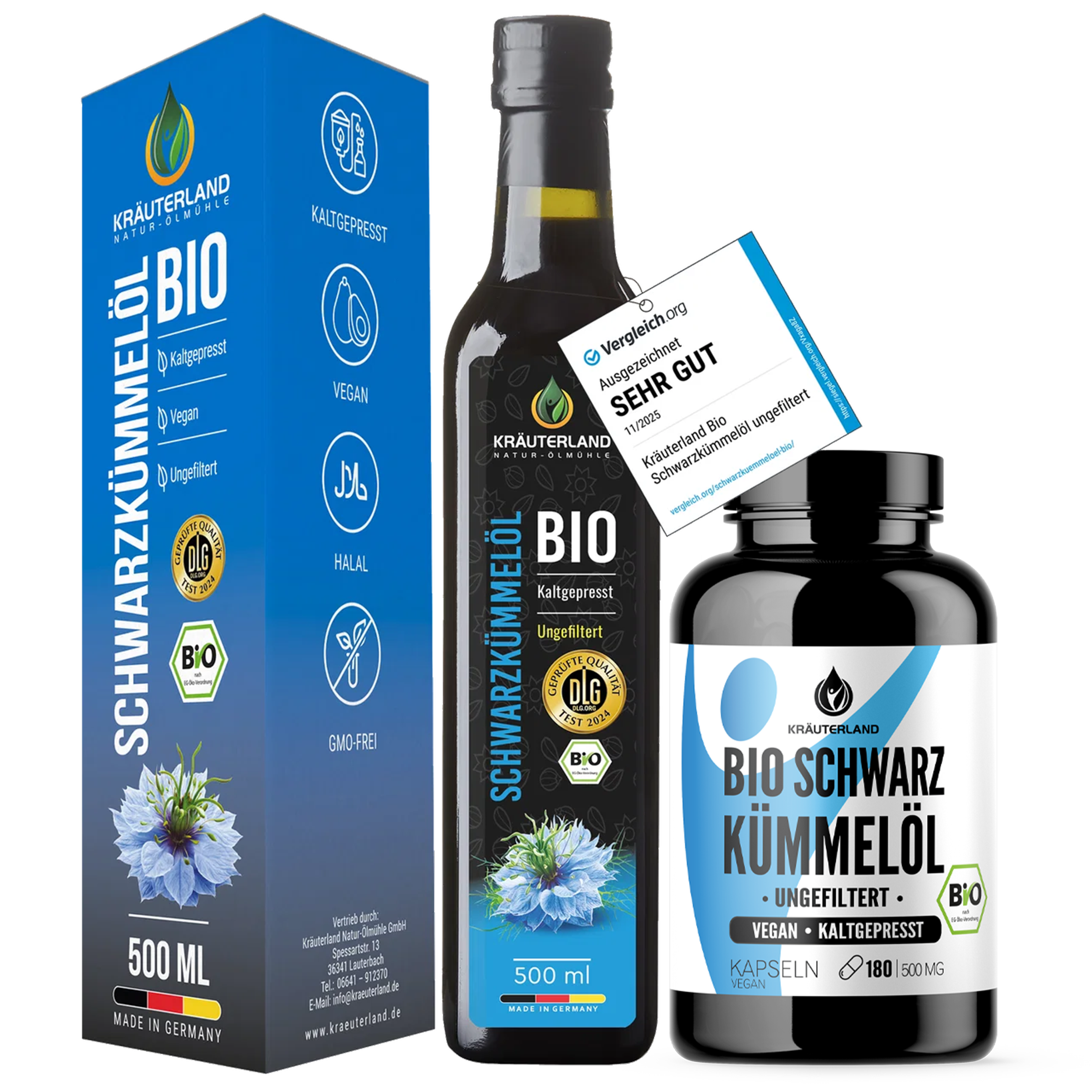 Schwarzkümmel Premium Set von Kräuterland Nahrungsergänzung mit Bio Schwarzkümmelöl ungefiltert und Bio Schwarzkümmelöl Kapseln ungefiltert