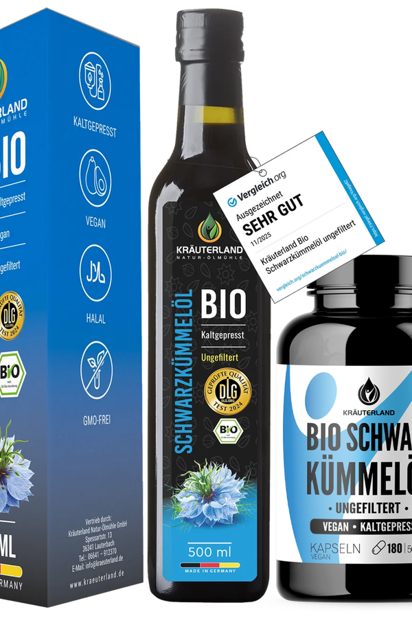 Schwarzkümmel Premium Set von Kräuterland Nahrungsergänzung mit Bio Schwarzkümmelöl ungefiltert und Bio Schwarzkümmelöl Kapseln ungefiltert