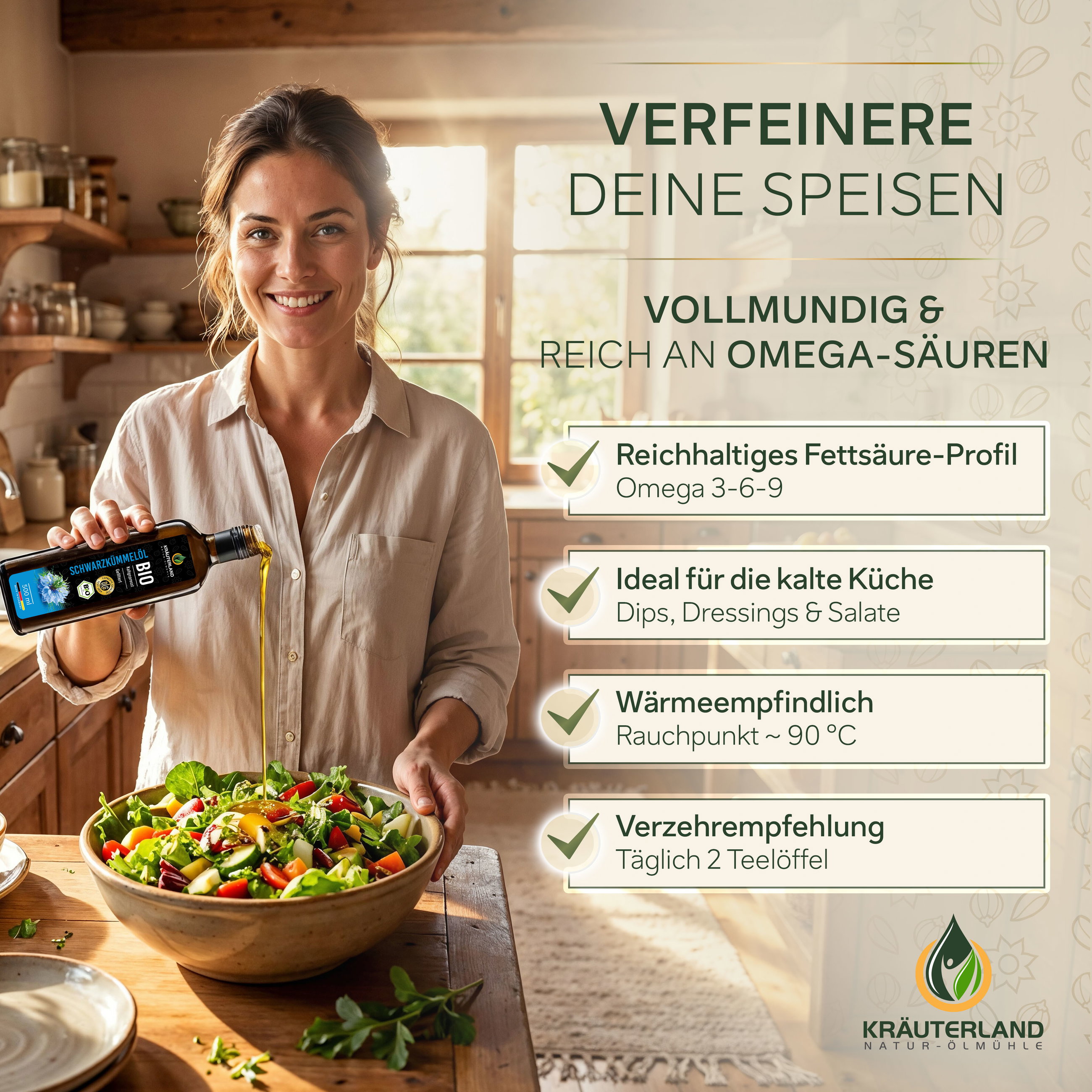 Kräuterland Bio Schwarzkümmelöl gefiltert 500 ml zum Verfeinern von Speisen, ideal für Dressings, Dips und Salate
