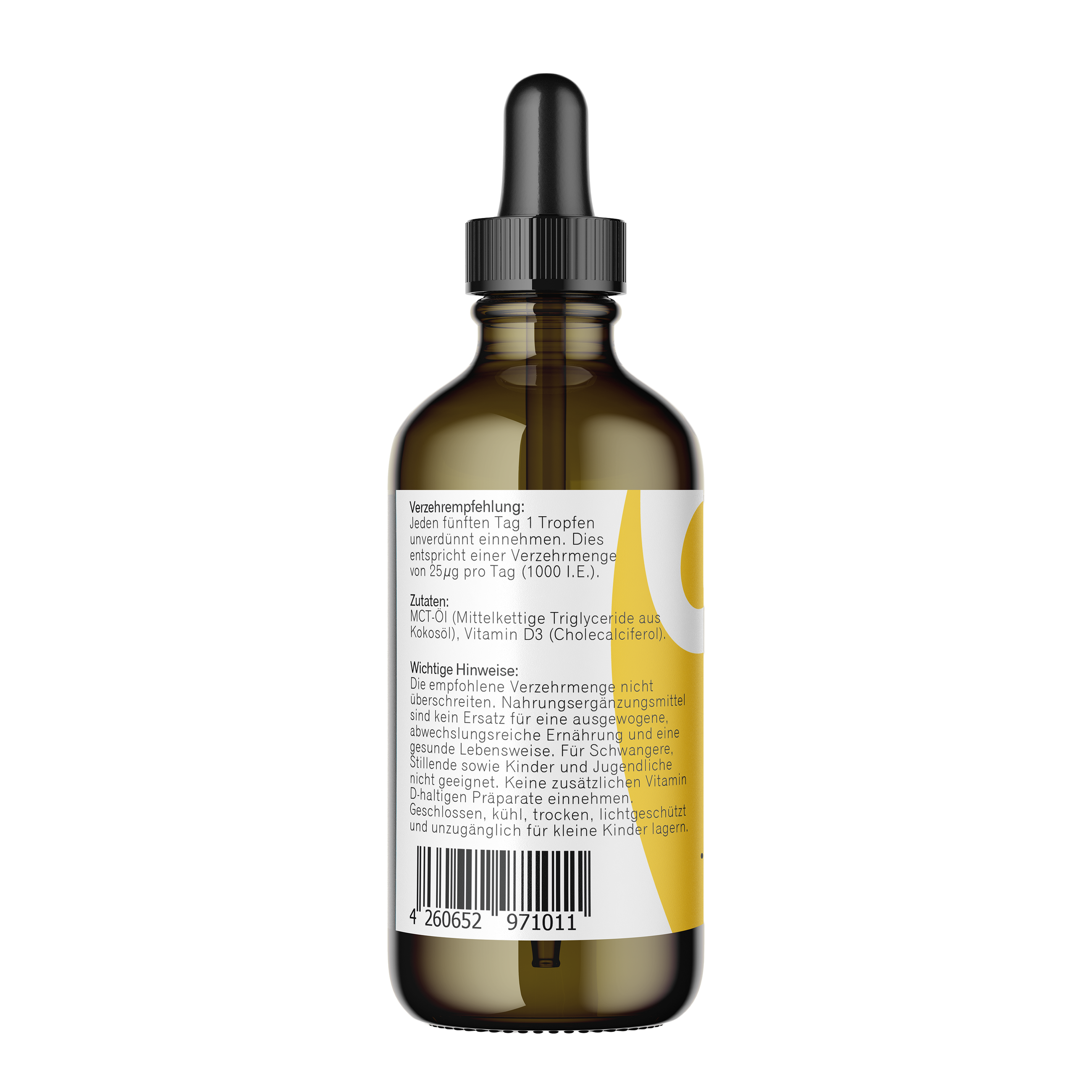 Kräuterland Vitamin D3 5000 I.E. Tropfen Flasche Seitenansicht mit Inhaltsangaben Seitenansicht einer Vitamin D3 5000 I.E. Tropfenflasche von Kräuterland mit Zutatenliste und Hinweisen