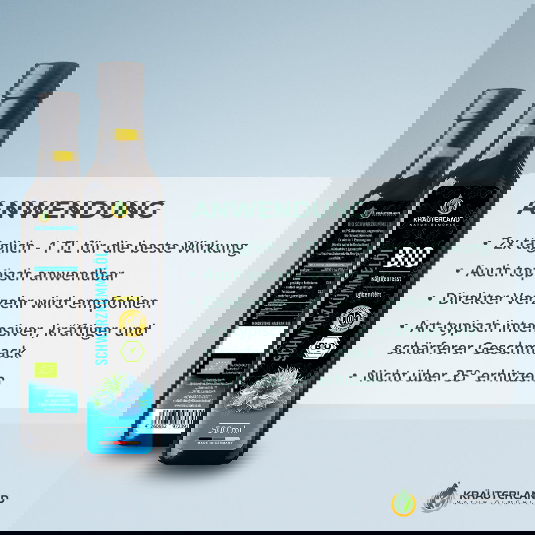 Bio Schwarzkümmelöl 500 ml Anwendung – 2x täglich 1 TL, kaltgepresst und ungefiltert