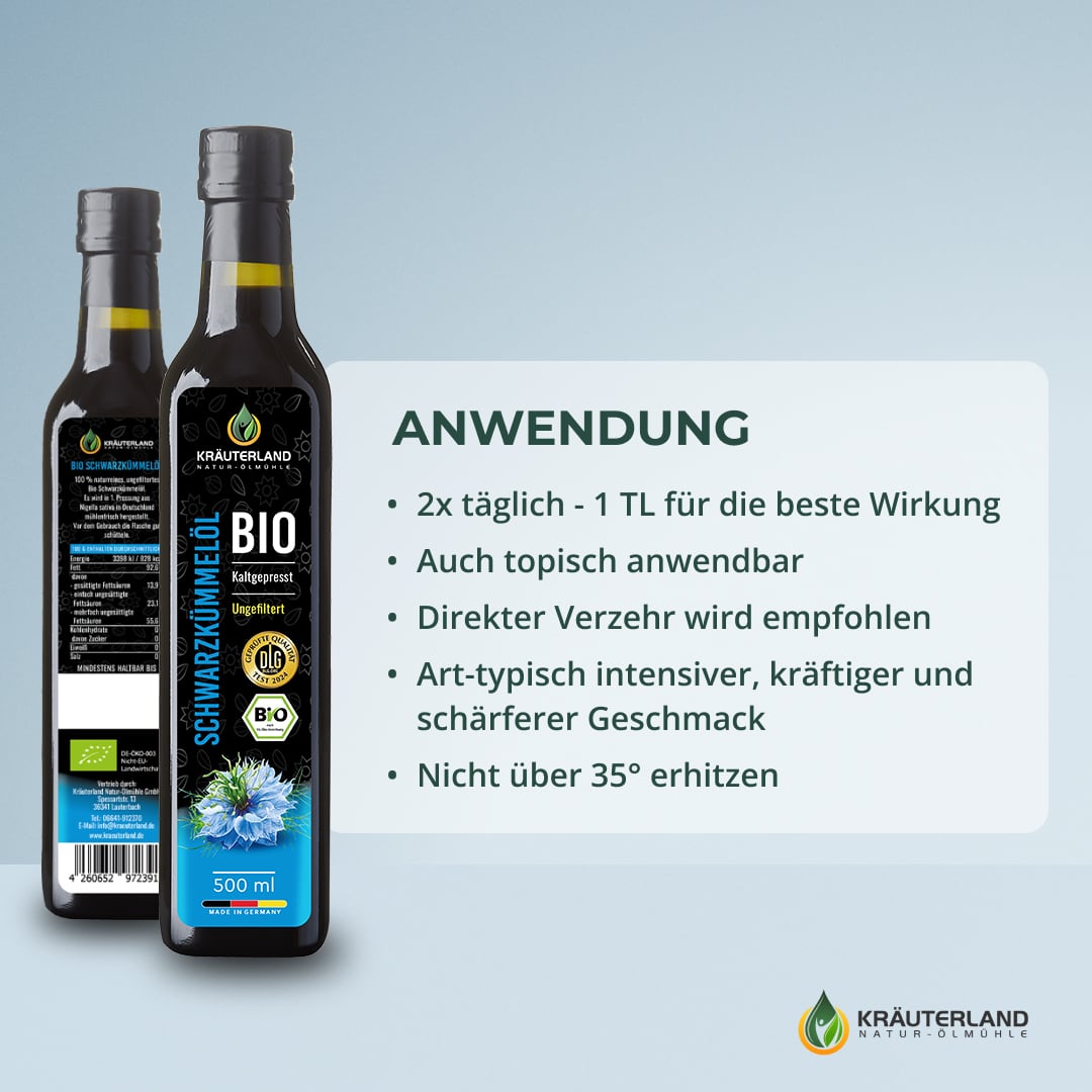 Schwarzkümmelöl Bio 500 ml – Anwendung & Verzehrempfehlung | Kräuterland Bio Schwarzkümmelöl 500 ml Anwendung – 2x täglich 1 TL, kaltgepresst und ungefiltert