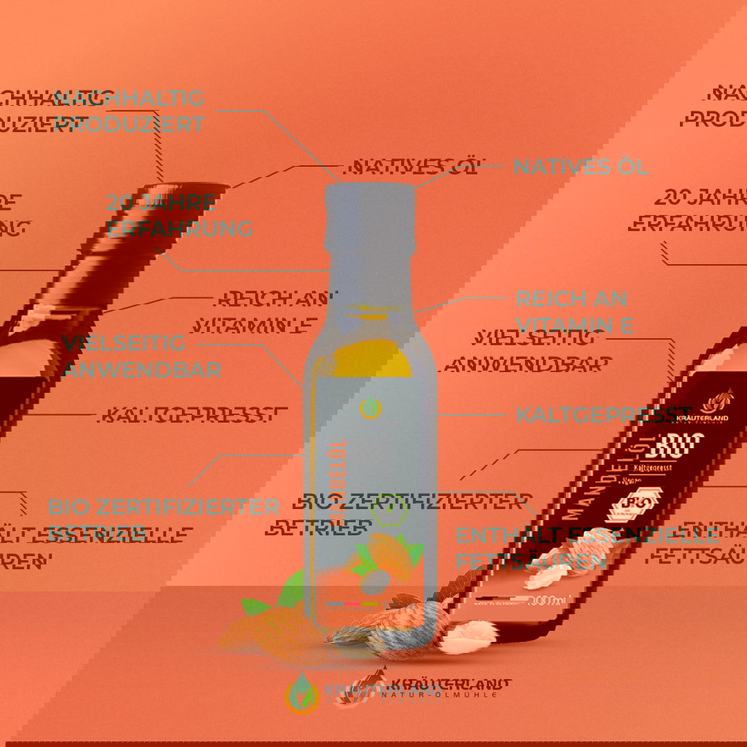 Bio Mandelöl von Kräuterland mit Produktvorteilen wie nachhaltig produziert reich an Vitamin E und kaltgepresst