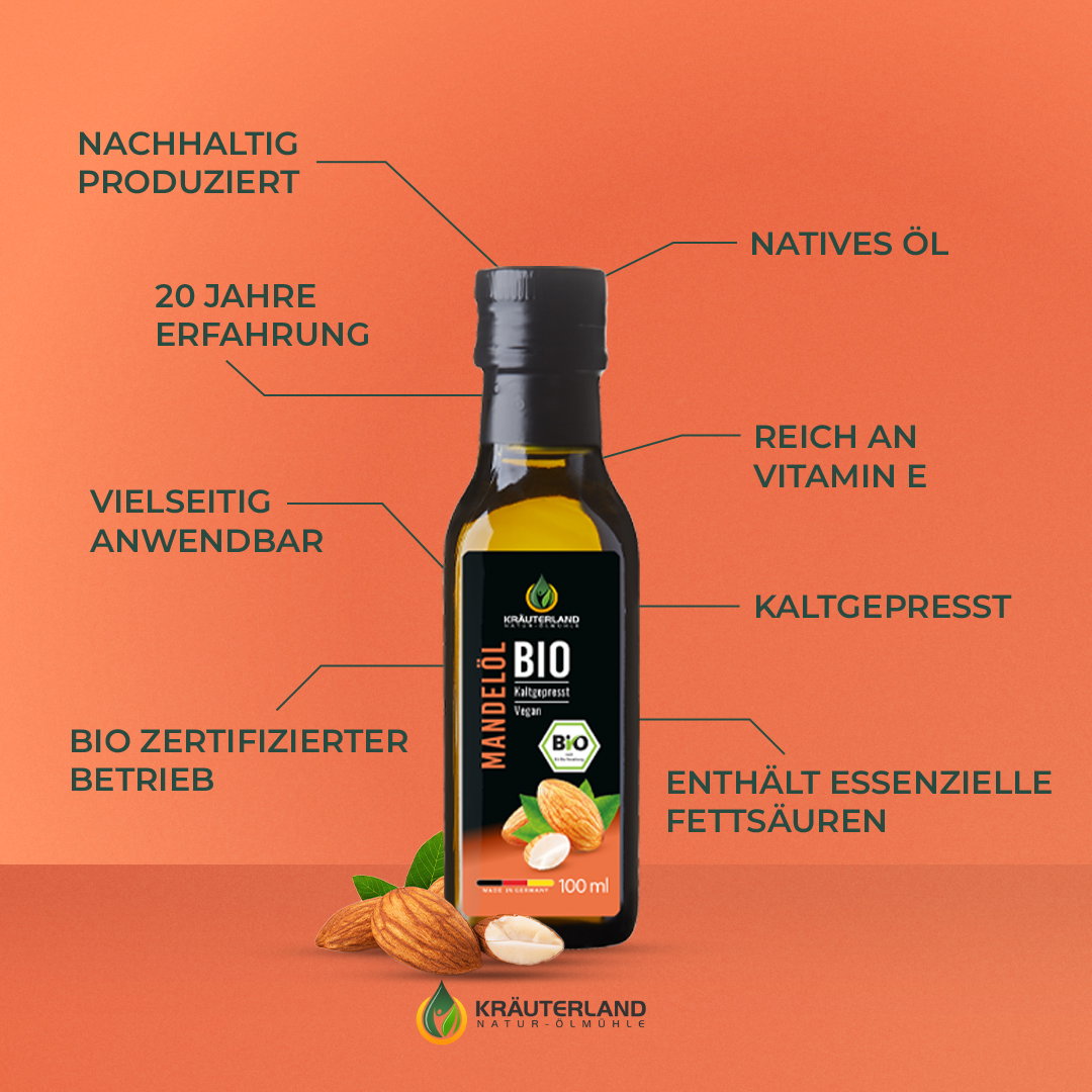 Kräuterland Bio Mandelöl mit zentralen Vorteilen und Qualitätsmerkmalen Bio Mandelöl von Kräuterland mit Produktvorteilen wie nachhaltig produziert reich an Vitamin E und kaltgepresst