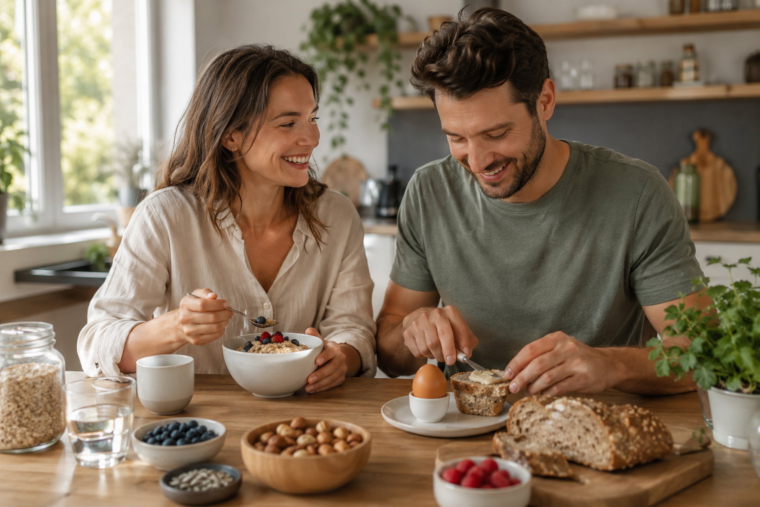 Biotin im Ernährungsalltag Paar beim Frühstück mit Haferflocken, Ei, Nüssen, Vollkornbrot und Beeren als Beispiele für biotinhaltige Lebensmittel