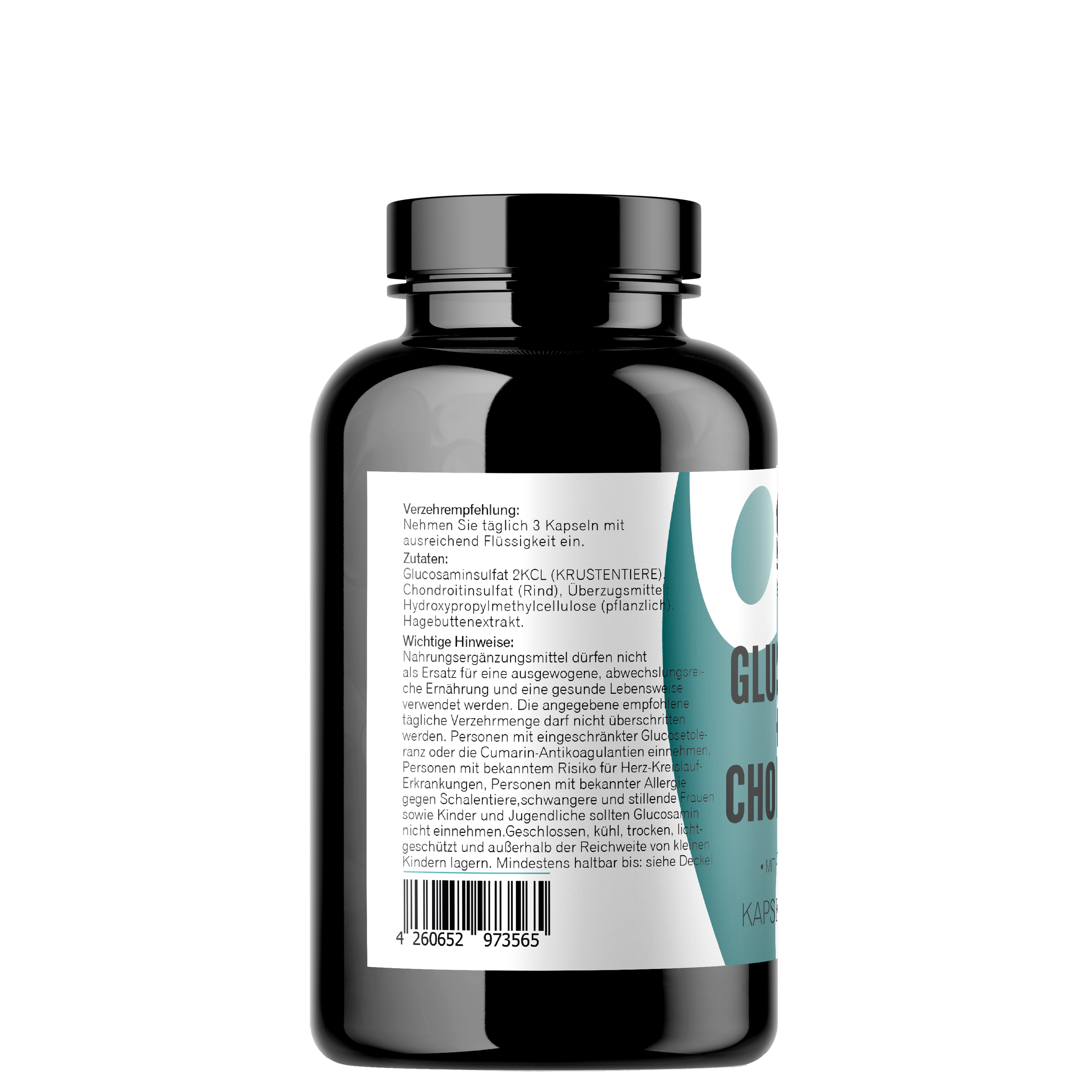 Glucosamin Chondriotin Kapseln 180 Stück Seitenansicht mit Zutaten Glucosamin Chondriotin Kapseln 180 Stück Seitenansicht mit Zutaten