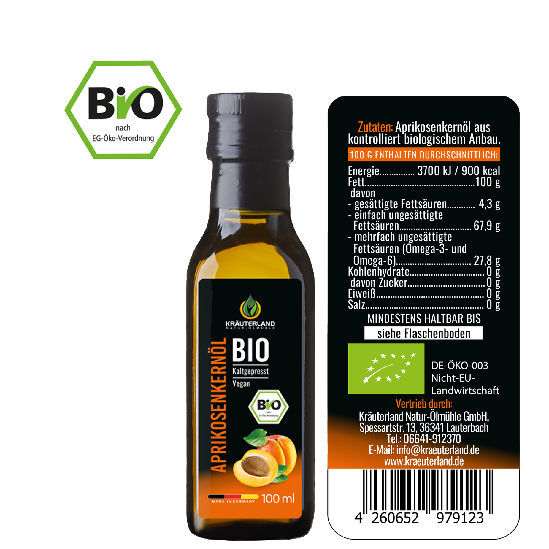 Kräuterland Bio Aprikosenkernöl – Nährwerte und Inhaltsstoffe im Überblick Rückseite der Flasche Kräuterland Bio Aprikosenkernöl 100 ml mit Zutatenliste und Nährwertangaben