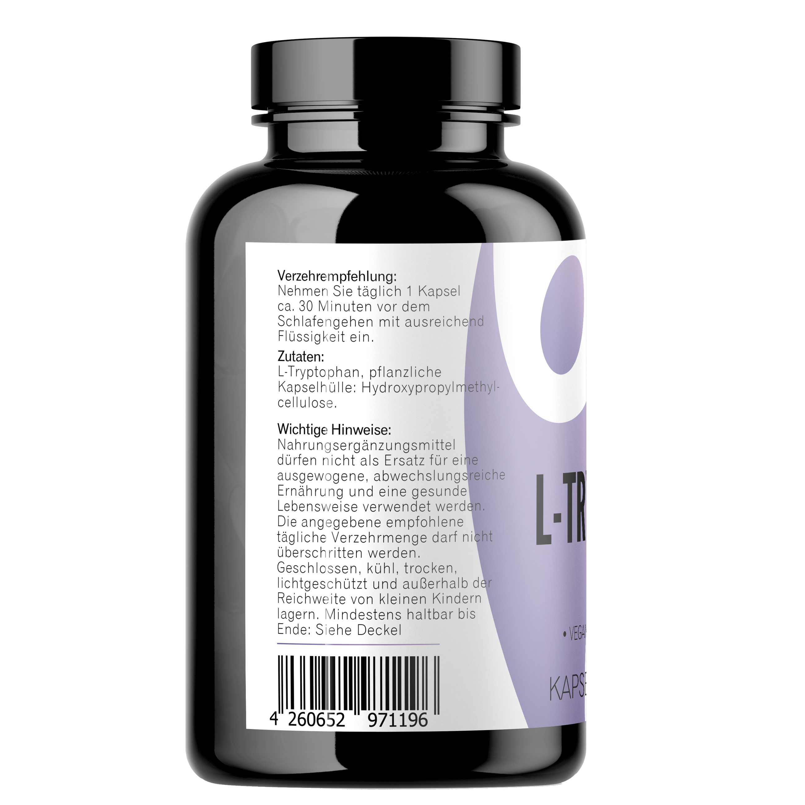 Seitenansicht von L-Tryptophan Kapseln 300 Stück mit Zutaten