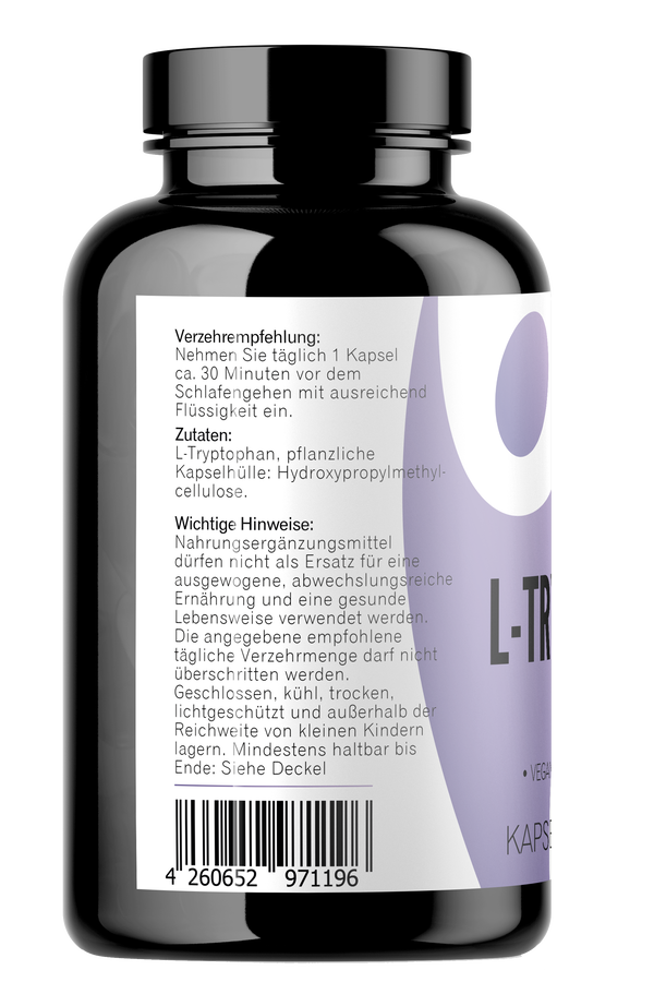 Seitenansicht von L-Tryptophan Kapseln 300 Stück mit Zutaten Seitenansicht von L-Tryptophan Kapseln 300 Stück mit Zutaten