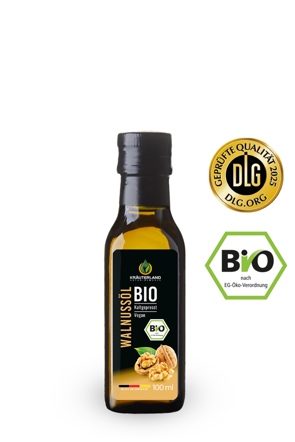 Kräuterland Bio Walnussöl 100 ml mit EU Bio Siegel und DLG Qualitätssiegel auf weißem Hintergrund