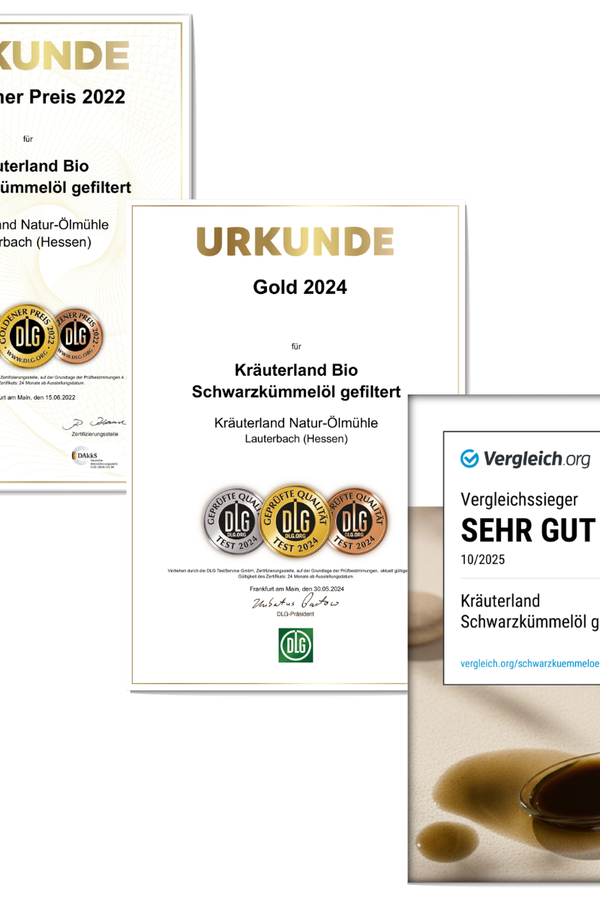 DLG Zertifikate 2022 und 2024 für Bio Schwarzkümmelöl gefiltert DLG Zertifikate 2022 und 2024 für Bio Schwarzkümmelöl gefiltert