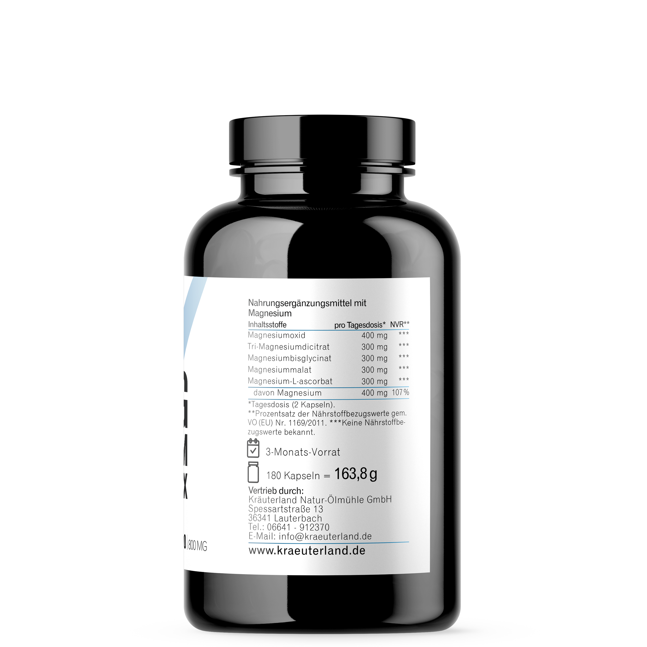 Magnesium Komplex Kapseln – Inhaltsstoffe & Nährwerte | Kräuterland Magnesium Komplex Kapseln Rückseite mit Inhaltsstoffen und Nährwertangaben