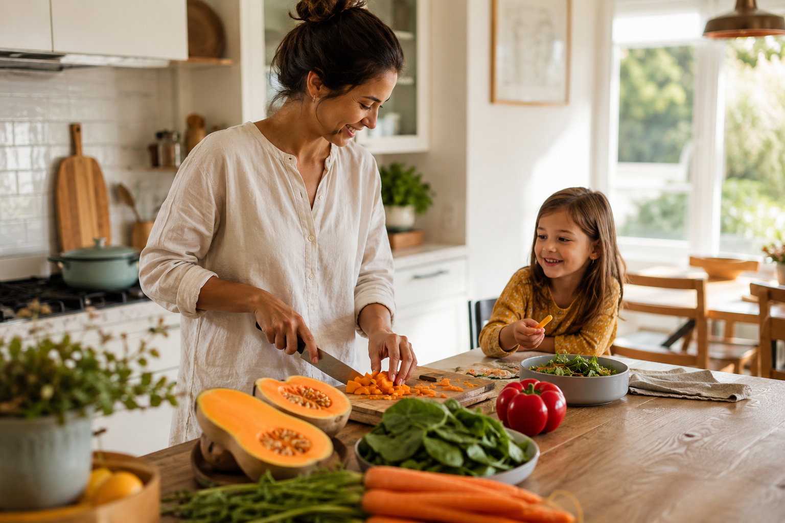 Mutter und Kind bereiten Gemüse wie Kürbis, Karotten, Spinat und Paprika in der Küche zu