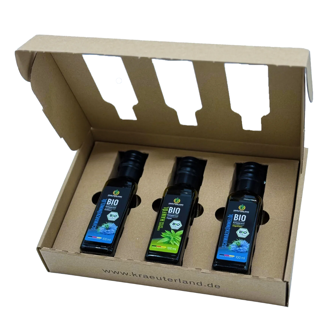 Bio Speiseöl Set 100 ml – Geschenkbox geöffnet | Kräuterland Bio Speiseöl Set 100 ml – Schwarzkümmelöl gefiltert & ungefiltert und Hanföl im Geschenkset geöffnet