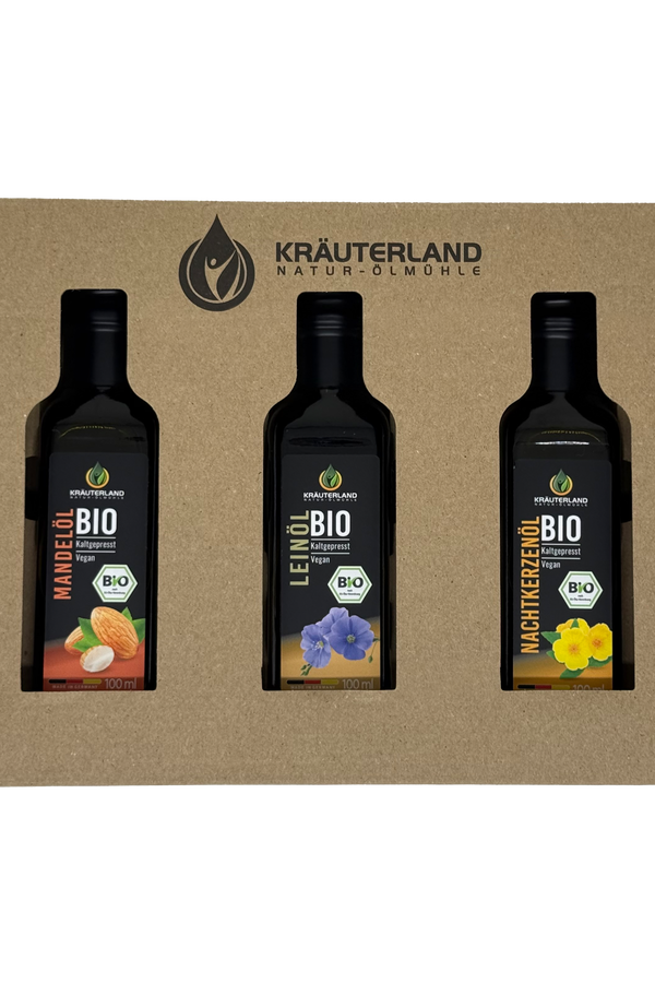 Bio Wohlfühlöl Set 100 ml – Mandelöl, Leinöl und Nachtkerzenöl von Kräuterland