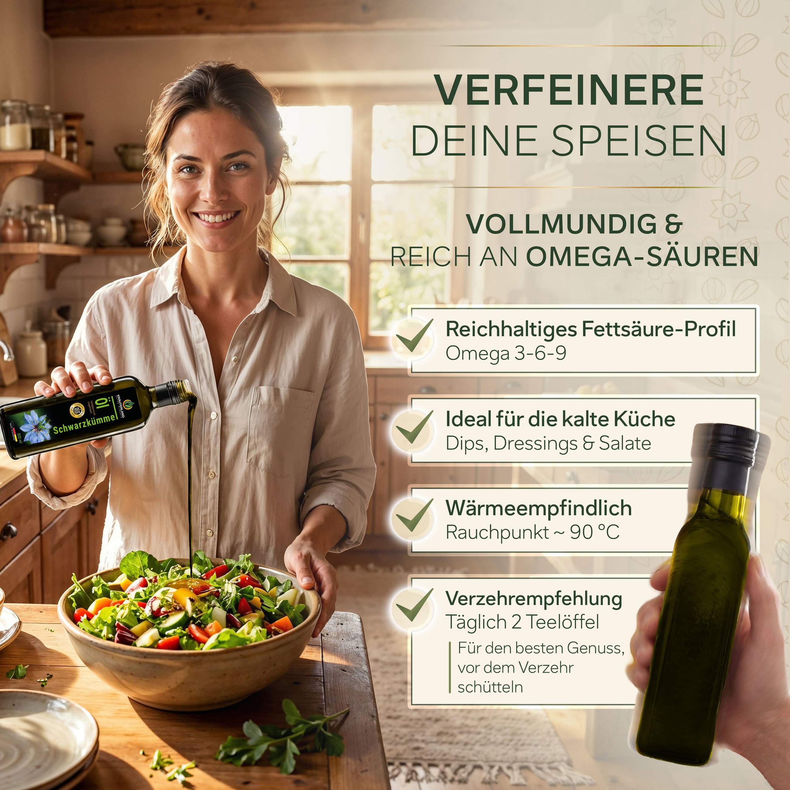 Kräuterland Schwarzkümmelöl ungefiltert 500 ml zum Verfeinern von Speisen, ideal für Dressings, Dips und Salate in der kalten Küche