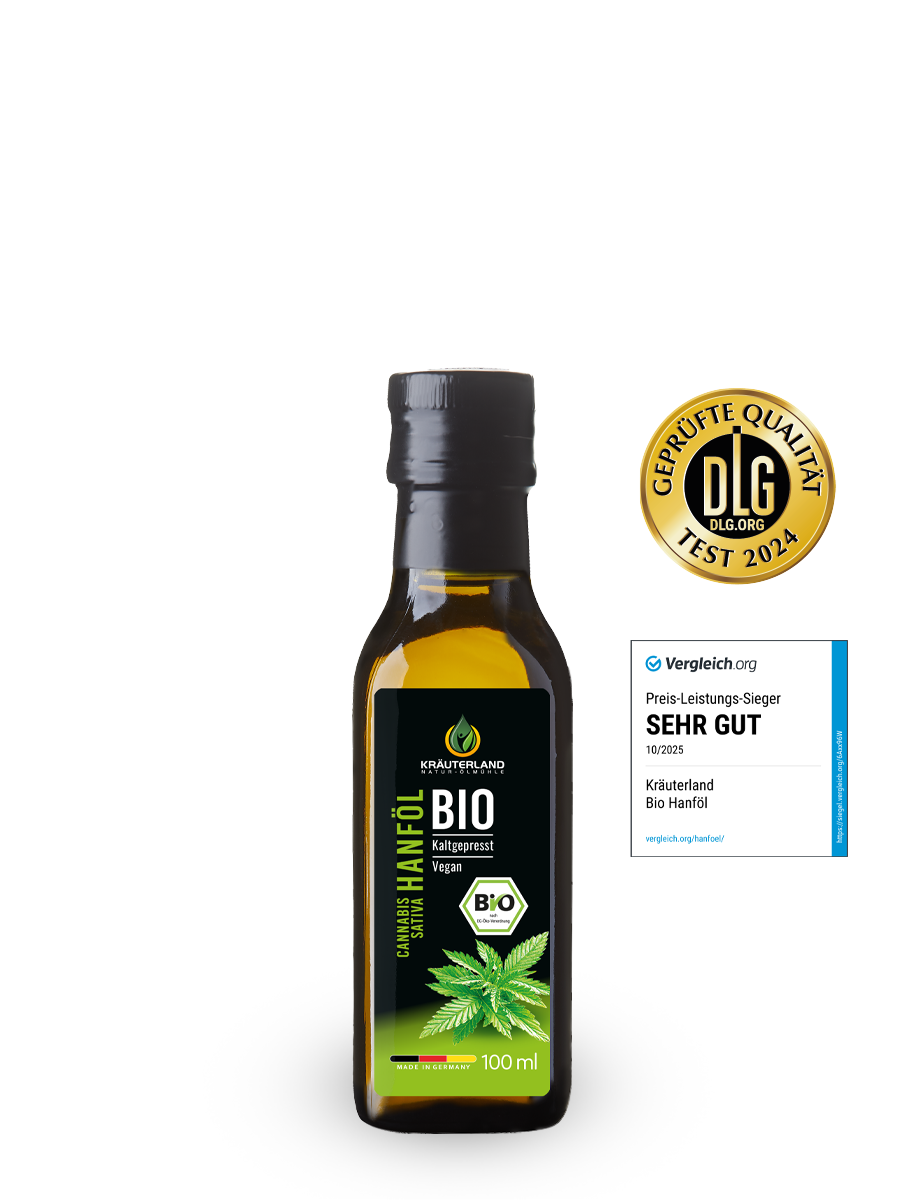 Kräuterland Bio Hanföl 100 ml mit DLG Qualitätssiegel und Vergleichsorg Bewertung sehr gut