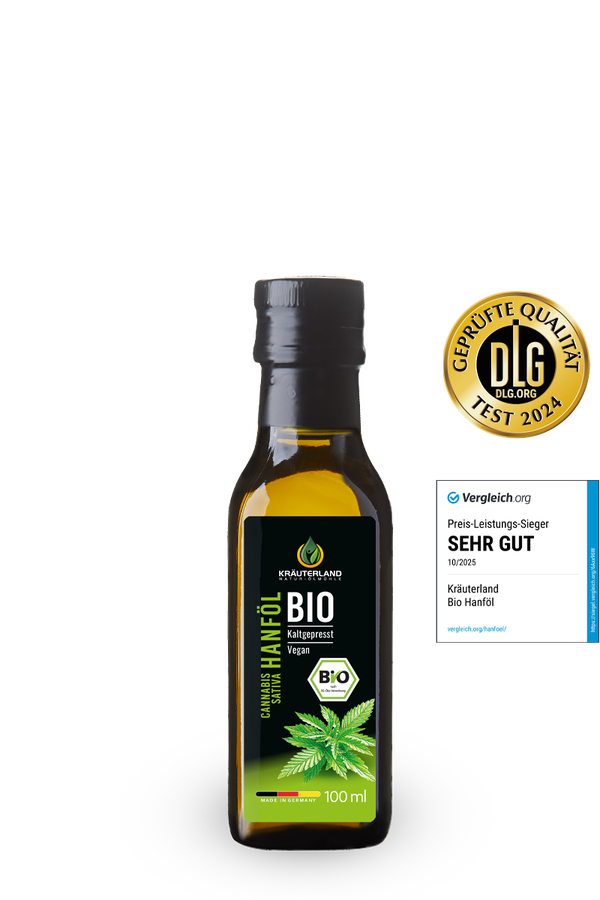 Kräuterland Bio Hanföl 100 ml mit DLG Qualitätssiegel und Vergleichsorg Bewertung sehr gut