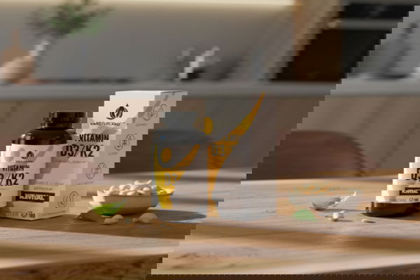 Vitamin D3 K2 Tabletten von Kräuterland mit Dose und Verpackung auf Holztisch in moderner Küche