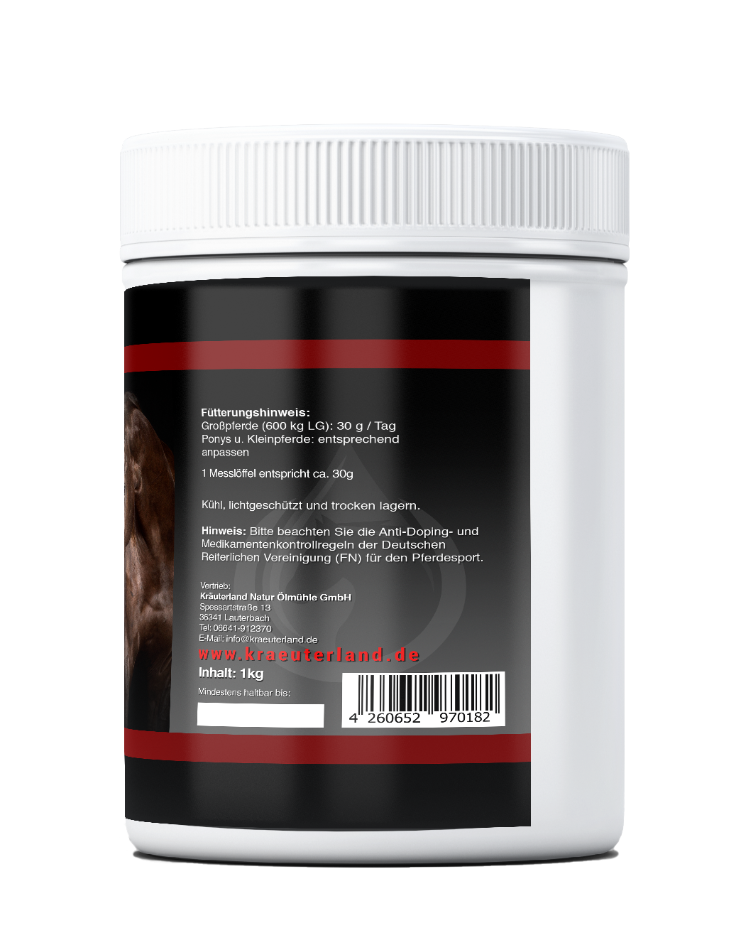 Seitenansicht von Gelenk Aktiv Pulver 1 kg für Pferde mit Herstellerangaben