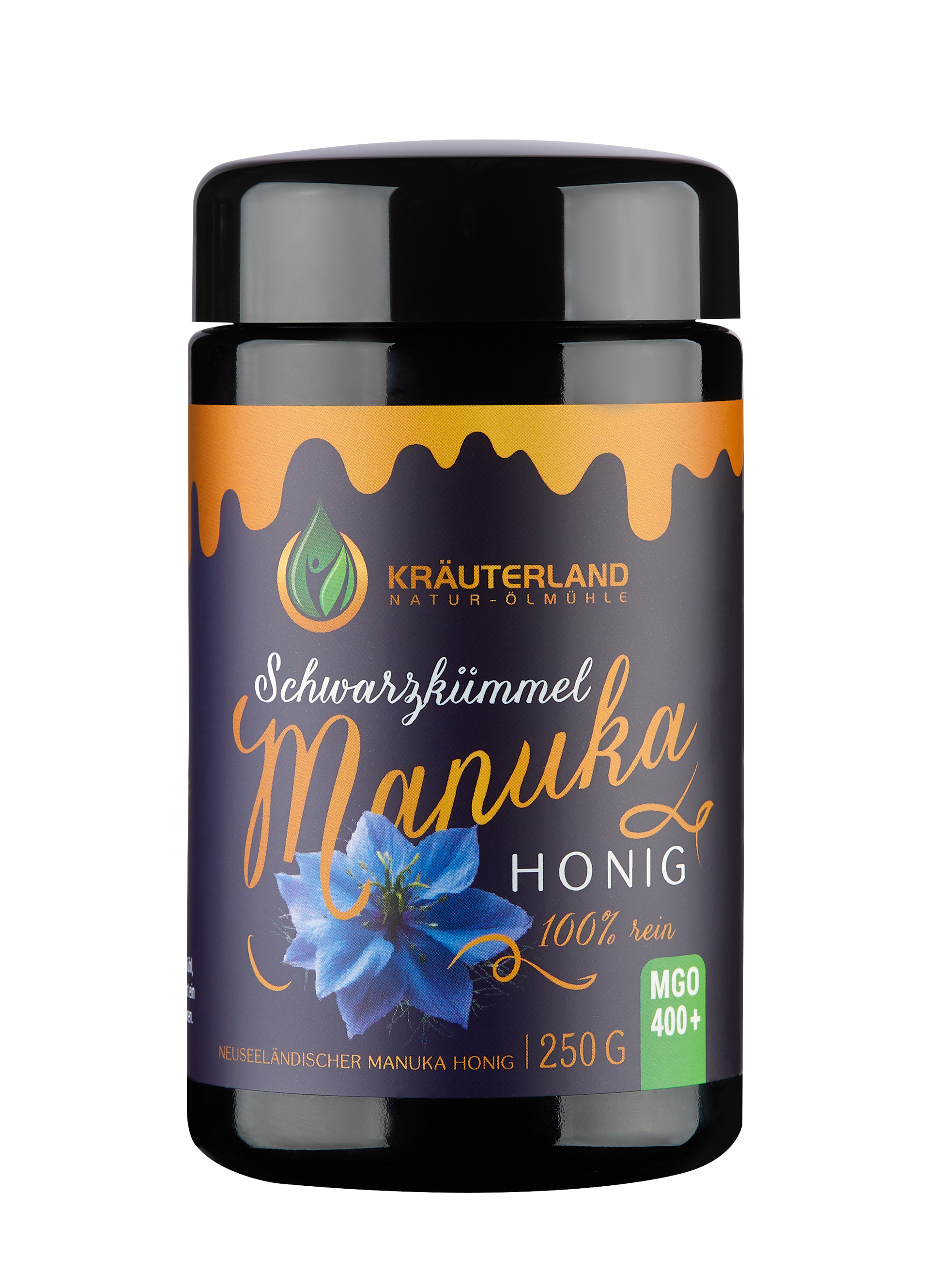 100% reiner neuseeländischer Manuka Honig MGO 400+ mit Schwarzkümmelöl in Miron Violettglas von Kräuterland