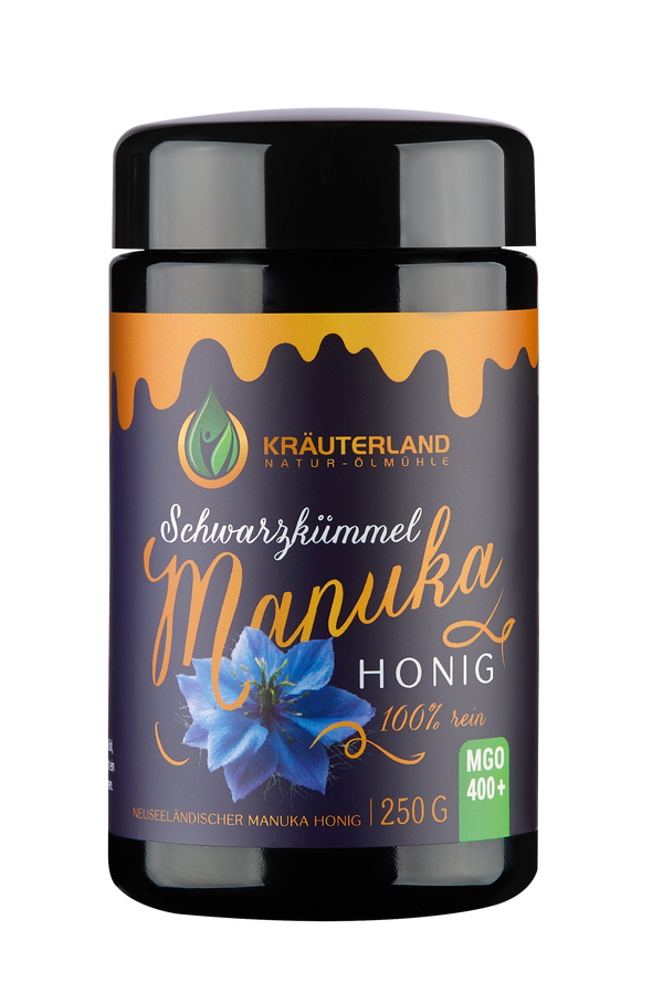 Kräuterland Schwarzkümmel Manuka Honig MGO 400+ in 250g 100% reiner neuseeländischer Manuka Honig MGO 400+ mit Schwarzkümmelöl in Miron Violettglas von Kräuterland