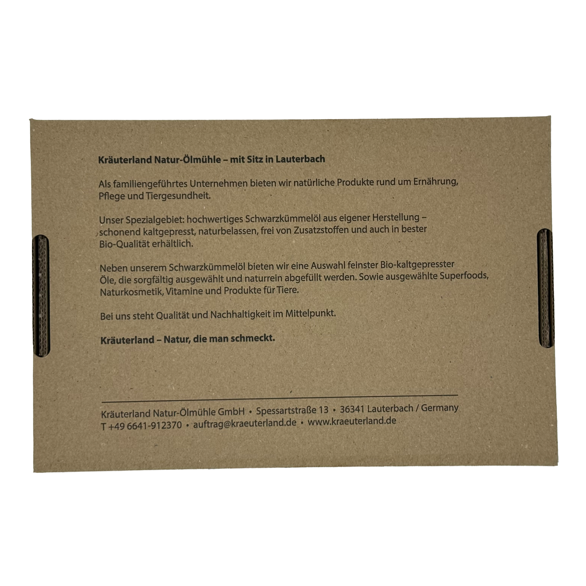 Rückseite der Kräuterland Geschenkverpackung mit Unternehmensinformationen und Nachhaltigkeitshinweis