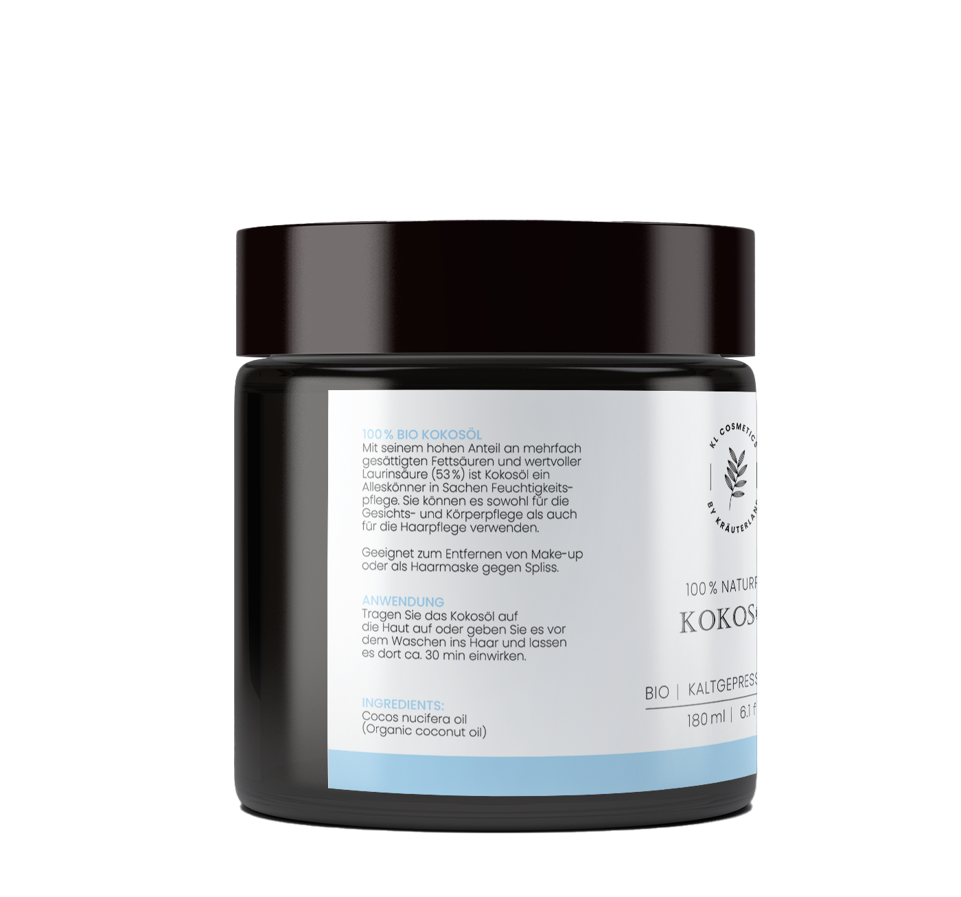 Seitenansicht Kosmetik Kokosöl mit Angaben der Zutaten