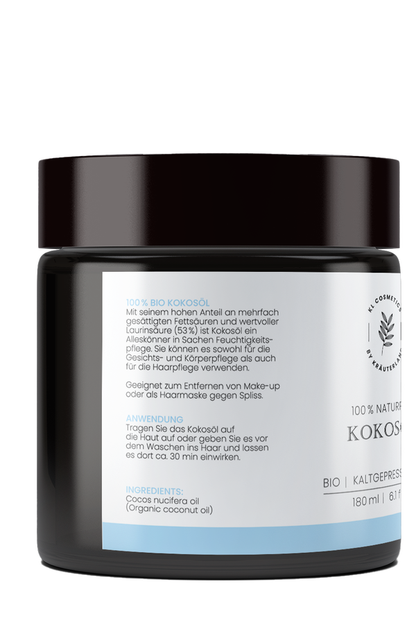 Seitenansicht Kosmetik Kokosöl mit Angaben der Zutaten Seitenansicht Kosmetik Kokosöl mit Angaben der Zutaten