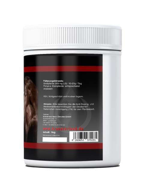 Seitenansicht von MSM Pulver für Pferde 1 kg mit Herstellerangaben