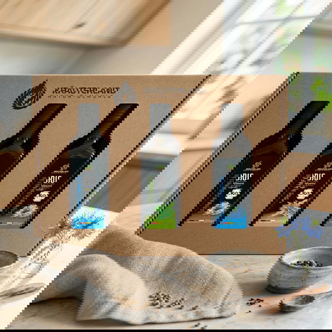 Bio Speiseöl Set 100 ml – Schwarzkümmelöl und Hanföl in Geschenkbox mit Sichtfenster