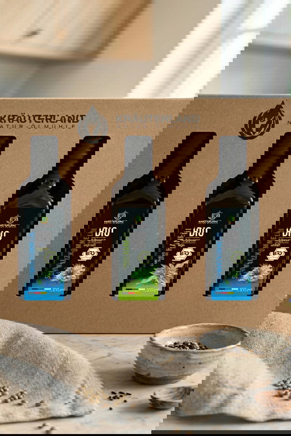 Bio Speiseöl Set 100 ml – Schwarzkümmelöl und Hanföl in Geschenkbox mit Sichtfenster