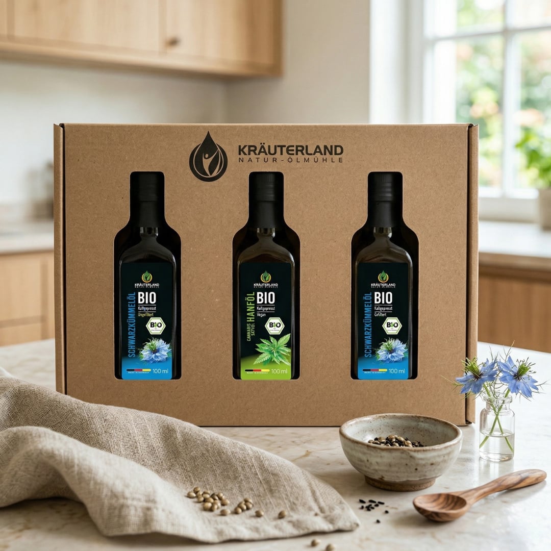 Bio Speiseöl Set 100 ml – Geschenkbox mit Sichtfenster | Kräuterland Bio Speiseöl Set 100 ml – Schwarzkümmelöl und Hanföl in Geschenkbox mit Sichtfenster
