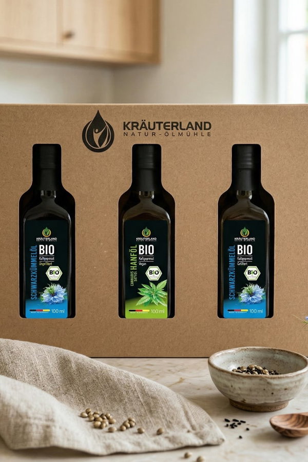 Bio Speiseöl Set 100 ml – Geschenkbox mit Sichtfenster | Kräuterland Bio Speiseöl Set 100 ml – Schwarzkümmelöl und Hanföl in Geschenkbox mit Sichtfenster