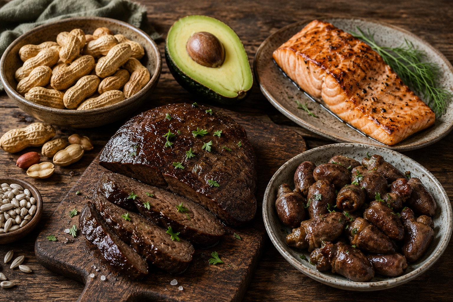 Lachs, Leber, Innereien, Avocado, Erdnüsse und Sonnenblumenkerne als Beispiele für Pantothensäure-Lebensmittel