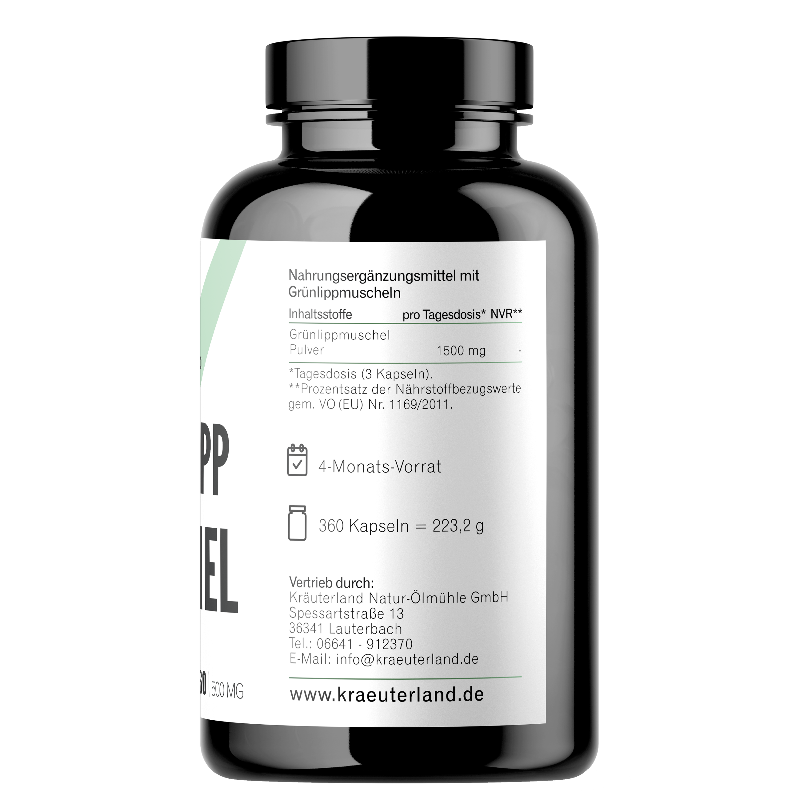Grünlippmuschel Kapseln 360 Stück Seitenansischt mit Nährwertangaben