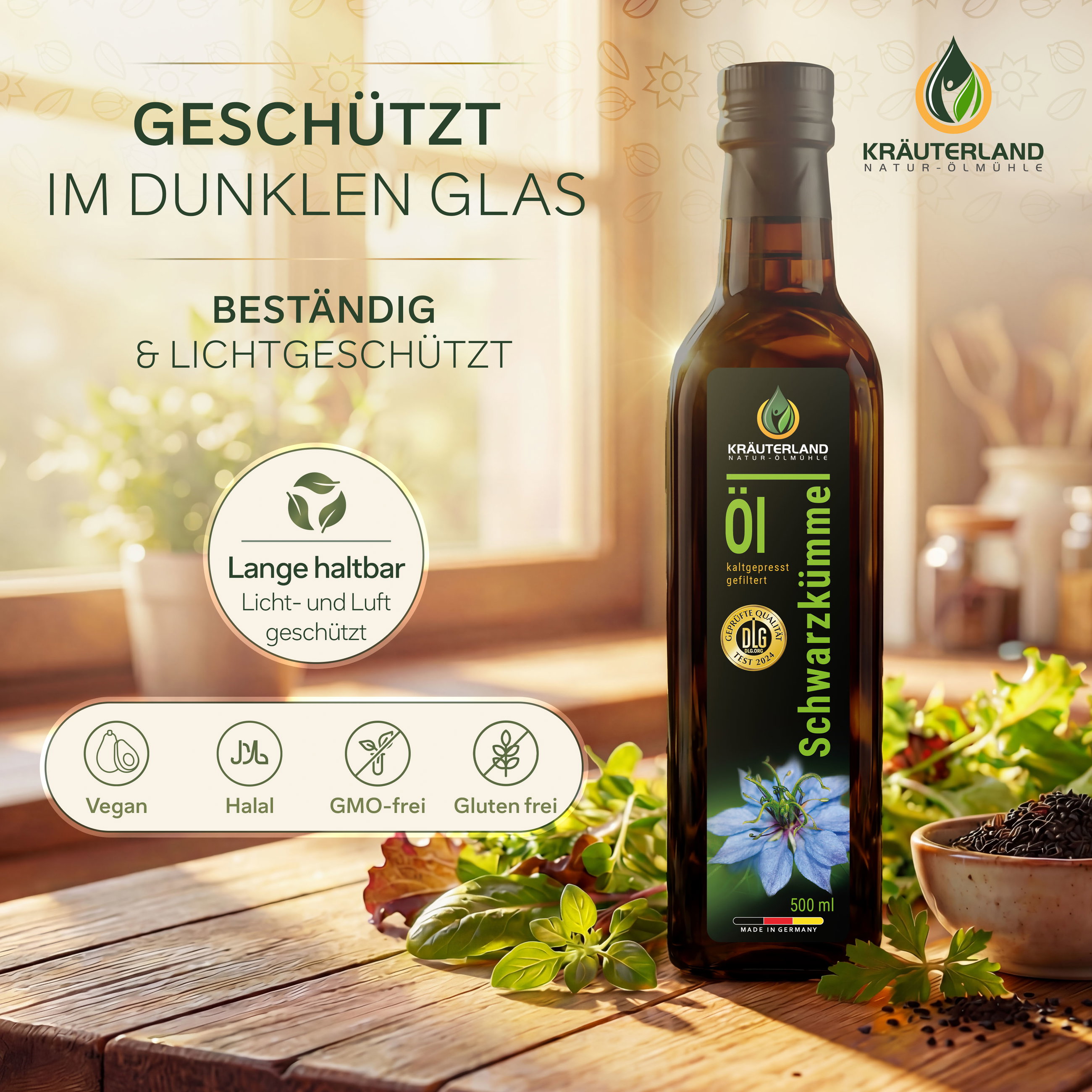 Kräuterland Schwarzkümmelöl gefiltert 500 ml in dunkler Glasflasche, licht- und luftgeschützt, vegan, halal, GMO-frei und glutenfrei
