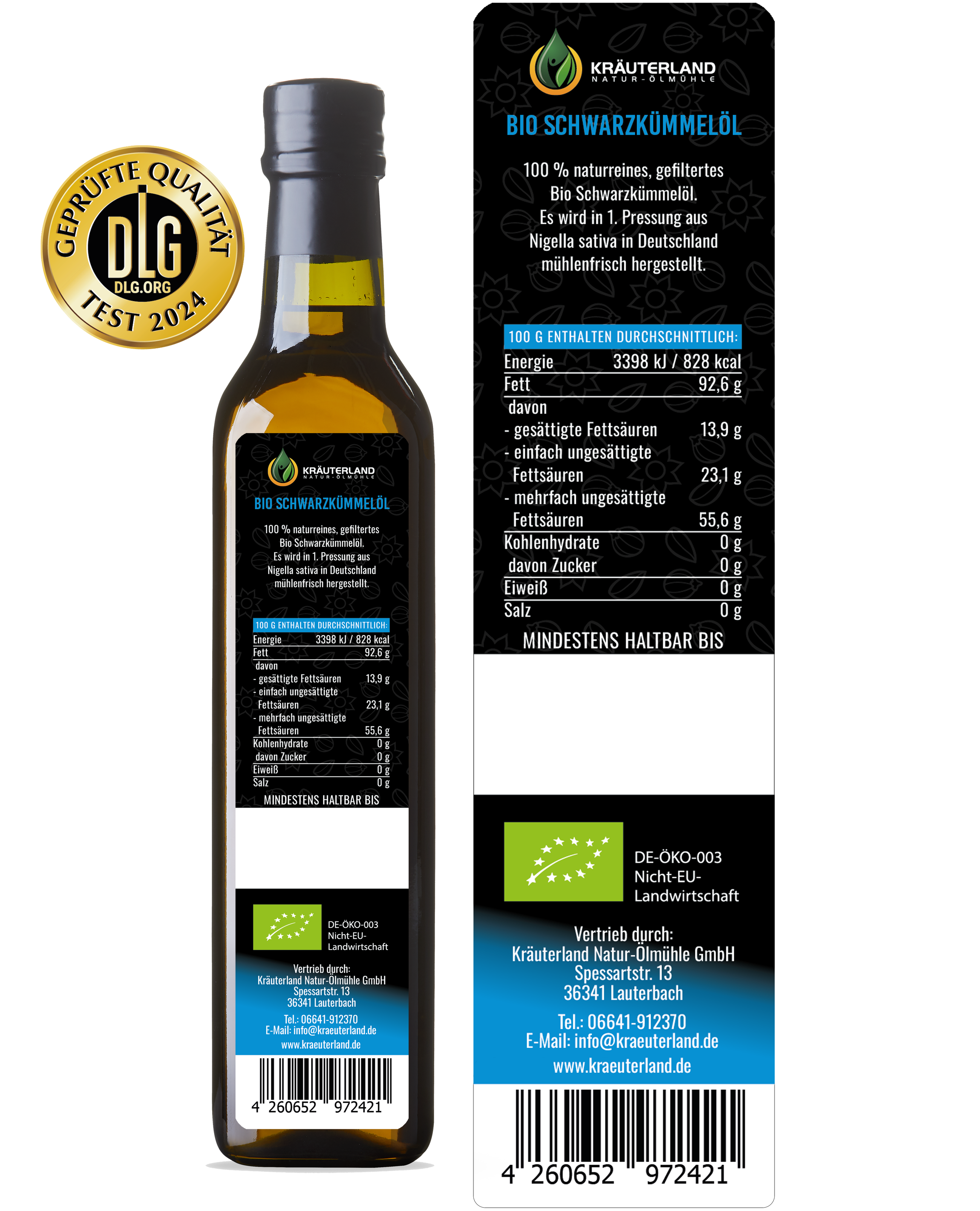Kräuterland Bio Schwarzkümmelöl gefiltert 500 ml Rückseite mit Etikett Kräuterland Bio Schwarzkümmelöl gefiltert 500 ml Rückseite mit Etikett
