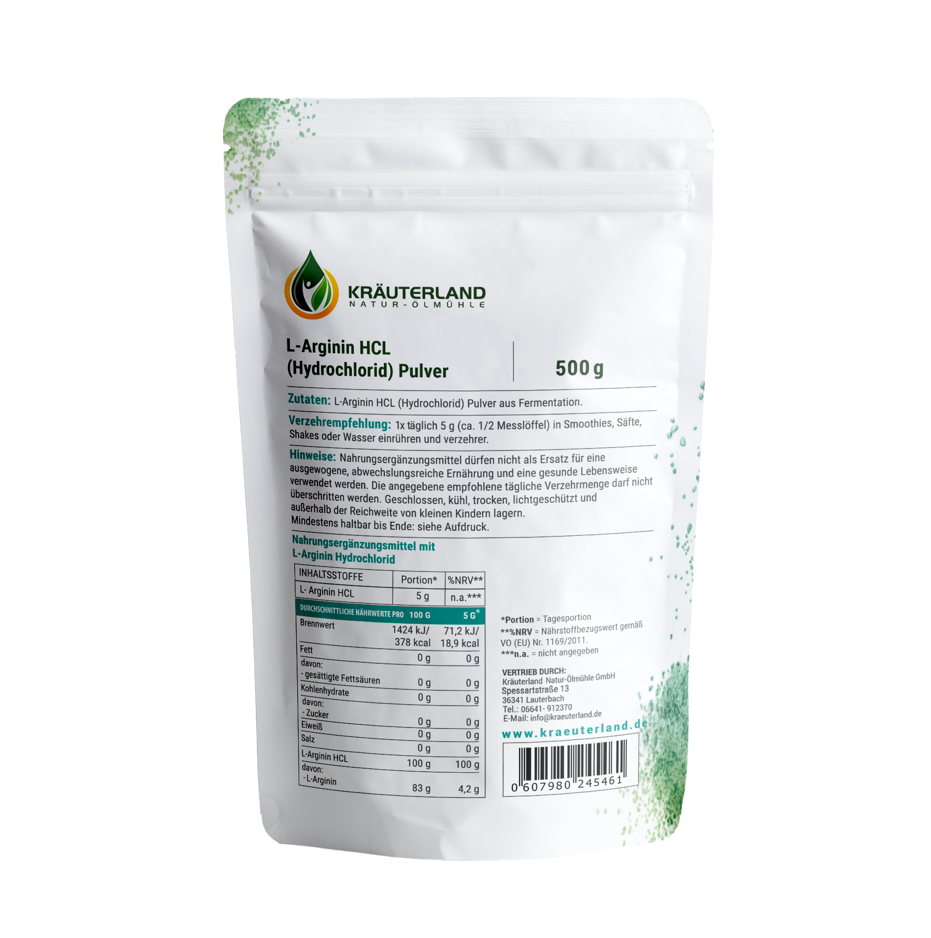 L-Arginin HCL Pulver 500g Rückansicht L-Arginin HCL Pulver 500g Rückansicht