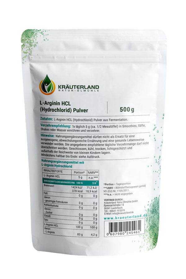 L-Arginin HCL Pulver 500g Rückansicht L-Arginin HCL Pulver 500g Rückansicht
