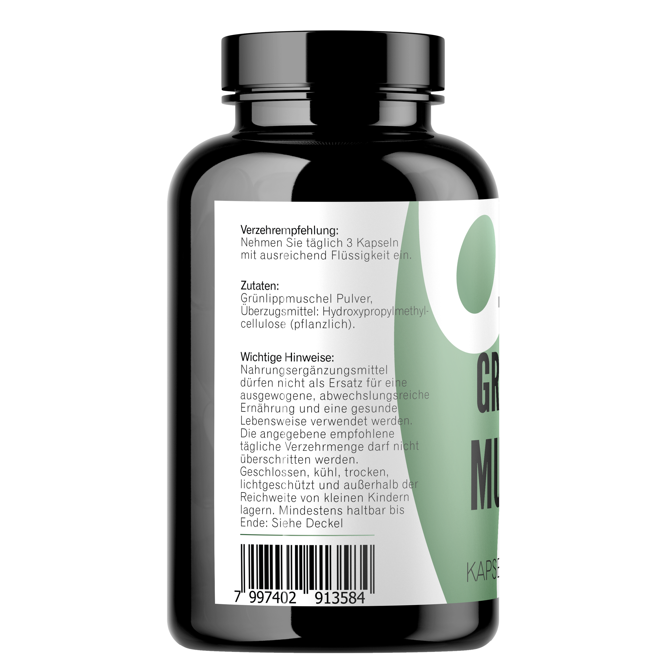 Grünlippmuschel Kapseln 360 Stück Seitenansischt mit Zutaten